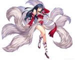 ahri atomix black_hair blush breasts detached_sleeves fox fox_tail league_of_legends legs long_hair looking_at_viewer multiple_tails simple_background smile solo tail thighs yellow_eyes 