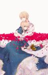  1girl 9tsumura ahoge blonde_hair blue_eyes dress excalibur fate/stay_night fate/zero fate_(series) flower gilgamesh green_eyes hair_ribbon highres hug jewelry necklace open_mouth petals ponytail red_eyes ribbon saber short_hair smile sword tears weapon wet white_background 