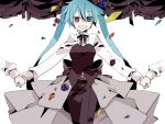  :d aqua_hair belt blue_eyes bowtie hand_holding hatsune_miku heterochromia holding_hands long_hair open_mouth red_eyes skirt smile solo twintails very_long_hair vocaloid yoshiki 