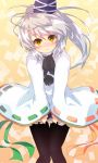  black_legwear blush grey_hair hands_on_lap hat japanese_clothes kamome kariginu mononobe_no_futo pantyhose pom_pom_(clothes) pom_pom_(clothing) ponytail ribbon short_hair skirt solo tate_eboshi touhou yellow_eyes 