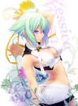  aquarion_(series) aquarion_evol arched_back ass ass_cutout breasts butt_crack cleavage cleavage_cutout flower green_hair highres midriff nilitsu purple_eyes short_hair short_shors short_shorts shorts solo violet_eyes wrist_cuffs zessica_wong 