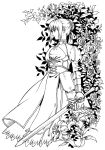 2nakajo7 ahoge armor armored_dress dress excalibur fate/stay_night fate_(series) faulds flower gauntlets hair_ribbon highres juliet_sleeves lily_(flower) long_sleeves monochrome puffy_shoulders_long_sleeves puffy_sleeves ribbon rose saber solo sword weapon 