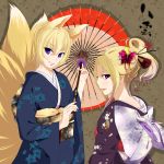  animal_ears blonde_hair butterfly_hair_ornament floral_print flower fox_ears fox_tail hair_flower hair_ornament hat highres japanese_clothes kanzashi kimono multiple_girls multiple_tails nikka_(cryptomeria) oriental_umbrella purple_eyes purple_hair seigaiha short_hair tail touhou umbrella violet_eyes yakumo_ran yakumo_yukari 