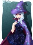  breasts cape character_name dress hand_on_own_chest hat my_little_pony my_little_pony_friendship_is_magic personification purple_eyes silver_hair solo star star_(sky) star_print tomony trixie_(my_little_pony) trixie_lunamoon violet_eyes wizard_hat 