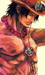  black_hair closed_eyes eyes_closed freckles hat highres male muscle one_piece portgas_d_ace sad_face smiley_face solo topless tsuyomaru 