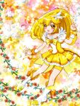  bad_id blonde_hair boots bow choker cure_peace dress floral_background flower kise_yayoi long_hair looking_at_viewer magical_girl orange_rose precure red_rose ribbon rose sakuraba_yukine shorts_under_skirt smile smile_precure! solo v wrist_cuffs yellow yellow_dress yellow_eyes 
