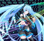  binary blue_eyes blue_hair detached_sleeves hatsune_miku headphones highres kedamonodamono long_hair microphone musical_note navel necktie pointing skirt solo thigh-highs thighhighs twintails very_long_hair vocaloid 