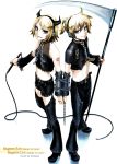  1girl arm_warmers bdsm blonde_hair blue_eyes bondage brother_and_sister chain chains collar demon from_above hagane_len hagane_rin hagane_vocaloid horns kagamine_len kagamine_rin leather looking_at_viewer midriff momopanda navel scythe short_hair siblings smile vocaloid whip 