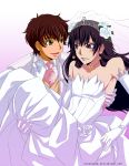  black_hair bride code_geass crossdressinging dress genderswap green_eyes groom kiss kururugi_suzaku lelouch_lamperouge luluko veil wedding wedding_dress wedding_gown white_flower 