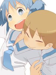  :&gt; aioi_yuuko arm_hug blush closed_eyes eyes_closed multiple_girls naganohara_mio necktie nichijou open_mouth school_uniform simple_background white_background yukihiroyuki 