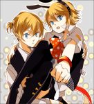  1girl amane_mio blonde_hair blue_eyes brother_and_sister holding kagamine_len kagamine_rin kemonomimi_mode looking_at_viewer open_mouth short_hair siblings skirt thigh-highs thighhighs twins vocaloid 