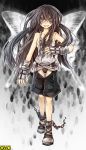  black_hair butterfly copyright_request cuffs fujiwara_akina gloves grey_eyes jewelry long_hair necklace scar shackles shorts solo 