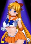  absurdres aino_minako bishoujo_senshi_sailor_moon blonde_hair blue_eyes blush bow breasts dress elbow_gloves fukurokouji gloves hair_ribbon half_updo highres long_hair magical_girl midriff navel orange_dress pleated_skirt purple_background ribbon sailor_collar sailor_venus shirt_tug shy skirt skirt_tug solo sparkle under_boob underboob white_gloves 