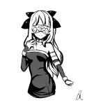  blindfold bow breasts cosplay elbow_gloves fate/stay_night fate_(series) gloves katawa_shoujo long_hair misharoute monochrome rider rider_(cosplay) satou_lilly simple_background solo 