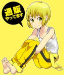  androgynous barefoot blonde_hair bruce_lee&#039;s_jumpsuit bruce_lee's_jumpsuit face feet female green_eyes huang_baoling leg_hug payot reverse_trap saitou_yahu short_hair sitting soles solo tank_top tiger_&amp;_bunny tomboy 