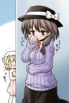  akou_roushi alternate_costume blush bow brown_eyes brown_hair clothes_sniffing hat maribel_hearn multiple_girls naked_towel necktie ribbed_sweater sweater touhou towel translated translation_request usami_renko |_| 