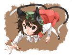  animal_ears bent_over brown_eyes brown_hair cat_ears cat_tail chen fingernails hamira-ze hat long_fingernails multiple_tails nail_polish simple_background solo tail touhou 