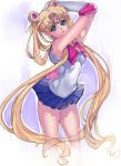  armpits arms_up aruterra bishoujo_senshi_sailor_moon blonde_hair blue_dress blue_eyes bow brooch double_bun dress elbow_gloves gloves highres jewelry long_hair magical_girl pleated_skirt ribbon sailor_moon skirt solo tiara tsukino_usagi twintails white_background white_gloves 