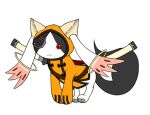  blazblue cat_paws cosplay eyepatch fake_animal_ears hoodie hoshi_(ho4_no) jubei_(blazblue) kyubey mahou_shoujo_madoka_magica no_humans over_shoulder paws pun red_eyes solo sword sword_over_shoulder weapon weapon_over_shoulder 