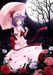  bat_wings bow dress flower hat highres moon night night_sky purple_hair red_eyes red_rose remilia_scarlet ribbon rose short_hair sky smile solo touhou umbrella wings wrist_cuffs zzz36951 