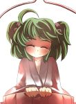  blush bucket closed_eyes collarbone commentary commentary_request eyes_closed gaoo_(frpjx283) hair_bobbles hair_ornament highres in_bucket in_container japanese_clothes kimono kisume short_hair short_twintails smile solo too_bad!_it_was_just_me! touhou twintails 