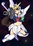  after_war_gundam_x amputee beam_rifle brown_hair cosplay drawfag error gun gundam gundam_x mecha_musume midriff navel personification solo space tiffa_adill weapon 