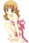  absurdres bare_shoulders barefoot brown_eyes brown_hair feet highres looking_at_viewer nail_polish naked_ribbon okumura_hinoki original ribbon short_hair simple_background solo squatting toes white_background 