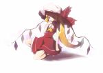  arukiru flandre_scarlet hat kneeling long_hair simple_background solo the_embodiment_of_scarlet_devil touhou white_background 