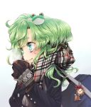  alternate_costume bag blush bust close-up coat coffee contemporary cup drink eyelashes face gloves green_eyes green_hair highres keychain kochiya_sanae lips long_hair pyonta scarf simple_background smile solo touhou usaki winter_clothes 