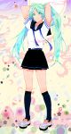  aqua_eyes aqua_hair armpits arms_up bad_id funpjinju hatsune_miku kneehighs long_hair school_uniform serafuku skirt solo twintails very_long_hair vocaloid 