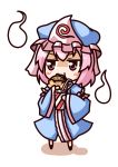  chibi dress eating flat_gaze food ghost hamburger hat kukku pink_eyes pink_hair saigyouji_yuyuko short_hair simple_background solo touhou triangular_headpiece 