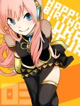  belt blue_eyes character_name detached_sleeve from_above happy_birthday headphones highres koyubi_right long_hair looking_at_viewer megurine_luka navel pink_hair skirt smile solo thigh-highs thighhighs vocaloid 
