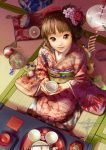  brown_eyes brown_hair comb copyright_request from_above geister hair_up hands holding japanese_clothes jpeg_artifacts kimono obi sakazuki sake seiza short_hair side_ponytail signature sitting smile solo wafuku wide_sleeves 