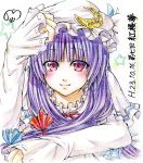 1girl bad_id blush brooch colored_pencil_(medium) crescent_moon jewelry light_smile long_hair looking_at_viewer moon multicolored_eyes nora_wanko patchouli_knowledge purple_eyes purple_hair shikishi sleeves_past_wrists smile solo touhou traditional_media translation_request violet_eyes 