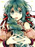  bare_shoulders bracelet green_eyes green_hair hair_ornament hair_ribbon hairclip hatsune_miku jewelry long_hair nail_polish open_mouth ribbon solo twintails vocaloid wonoco0916 