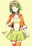  breasts goggles goggles_on_head green_eyes green_hair gumi jacket looking_at_viewer megpoid_(vocaloid3) midriff navel short_hair skirt smile solo suspenders tama_(songe) thigh-highs thighhighs under_boob underboob vocaloid wink zettai_ryouiki 