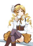  blonde_hair bookseve cup detached_sleeves drill_hair highres mahou_shoujo_madoka_magica sitting smile solo tea teacup thigh-highs thighhighs tomoe_mami 