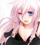  bare_shoulders blue_eyes face ia_(vocaloid) long_hair looking_at_viewer no_nose pink_hair sasa simple_background smile solo vocaloid wink 