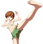  armpits barefoot brown_eyes brown_hair feet kicking midriff nanashino navel persona persona_4 satonaka_chie short_hair shorts simple_background soles solo tomboy 