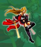  bare_shoulders blonde_hair blue_eyes boots breasts cape dual_wielding hips legs long_hair original skirt smile solo sword weapon youichi 