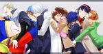  4girls bear black_hair blonde_hair blue_eyes blue_hair blush brown_eyes brown_hair cabbie_hat closed_eyes earmuff earmuffs eyes_closed friends fur_trim gloves grey_hair group group_hug hairband hanamura_yousuke happy hat hoodie hug jacket kujikawa_rise kuma_(persona_4) long_hair mogmahiru multiple_boys multiple_girls narukami_yuu open_mouth persona persona_4 reverse_trap satonaka_chie scarf shirogane_naoto short_hair silver_hair skirt smile tatsumi_kanji twintails winter_clothes 