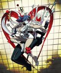  1girl alex_ahad bandage bandages blood blue_hair body_bag breasts cleavage fighting_stance gloves hair_over_one_eye hat heart highres intravenous_drip large_breasts mask minidress nurse nurse_cap official_art red_eyes saw scalpel skullgirls solo stethoscope sword symbol-shaped_pupils syringe valentine_(skullgirls) weapon 