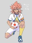  1boy armband ball character_name cosplay garushaa_wolfein hakuryuu_(inazuma_eleven) hakuryuu_(inazuma_eleven)_(cosplay) inazuma_eleven_(series) inazuma_eleven_go inazuma_eleven_go_chrono_stone long_hair male simple_background soccer_ball soccer_uniform solo telstar unlimited_shining zuwai_kani 