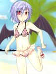  beach colored flat_chest highres looking_at_viewer purple_hair raisei red_eyes remilia_scarlet short_hair solo swimsuit touhou wings 