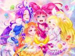  cure_beat cure_melody cure_muse cure_muse_(yellow) cure_rhythm fairy_tone g-clef_(suite_precure) houjou_hibiki hummy_(suite_precure) ivory_(25680nico) kurokawa_ellen magical_girl minamino_kanade multiple_girls musical_note pink_background precure shirabe_ako siren_(suite_precure) suite_precure 