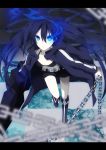  black_hair black_rock_shooter black_rock_shooter_(character) blue_eyes boots chain chains coat expressionless glowing glowing_eyes highres kanoya leaning_forward letterboxed long_hair navel pale_skin shorts solo twintails very_long_hair white_skin 