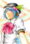  1girl alternate_hair_length alternate_hairstyle animal_ears annoyed bad_id blue_hair bow colored_pencil_(medium) food fruit hat hinanawi_tenshi kemonomimi_mode looking_at_viewer looking_down nora_wanko peach puffy_sleeves short_hair short_sleeves solo touhou traditional_media 