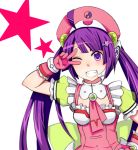  ahoge bad_id bangs bow frills gloves grin hair_ornament hairclip hat headset long_hair potato_(potato1827) purple_eyes purple_hair smile solo star tone_rion twintails v violet_eyes vocaloid wink 