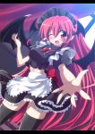  alternate_costume apron bat_wings black_hair blush bow enmaided female geogeo head_wings koakuma long_hair maid maid_headdress midriff narrow_waist navel necktie open_mouth outstretched_hand red_eyes red_hair redhead shirt skirt skirt_set solo the_embodiment_of_scarlet_devil touhou very_long_hair window wings wink 
