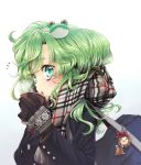  alternate_costume bag blush bust close-up coat coffee contemporary cup drink face gloves green_eyes green_hair highres keychain kochiya_sanae lips long_hair looking_at_viewer pyonta scarf simple_background solo touhou usaki winter_clothes 